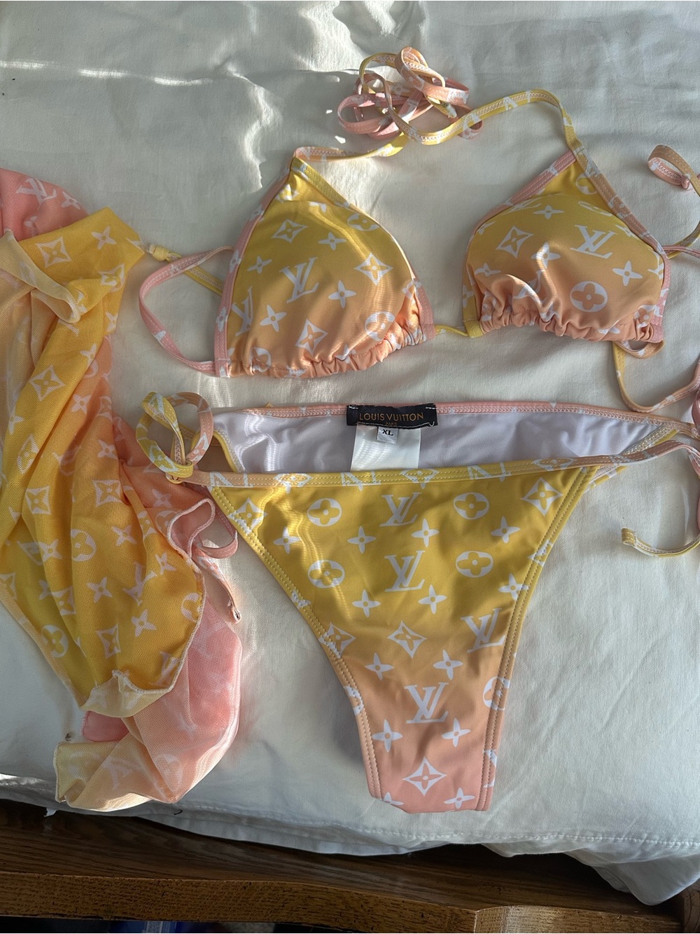 Yellow-Pink Gradient Monogram Triangle Bikini Set 3 piece